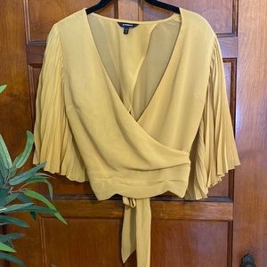 EXPRESS Sheer Mustard Pleated Sleeve Crop Top